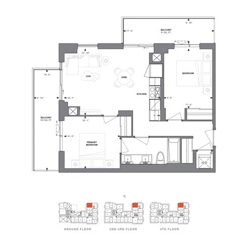 Floor plan for 2 beds, 1 bath, 740 sqft